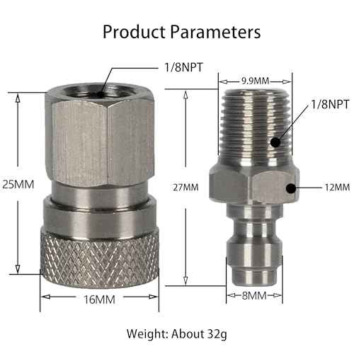1/8 NPT Female Connector and 8mm Male Plug Fill Nipple Quick-Disconnect Set, Stainless Steel Remote Line Male & Female Set for PCP Foster Paintball Airsoft Air Gun Tool