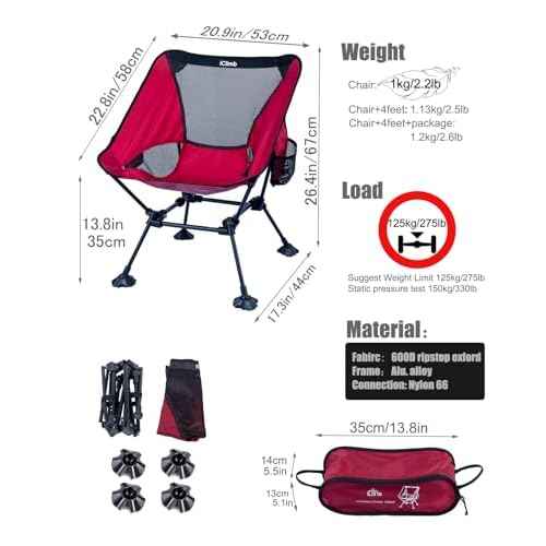 iClimb Ultralight Compact Camping Folding Beach Chair with Anti-Sinking Large Feet and Back Support Webbing (Red - Square Frame - 2PC)