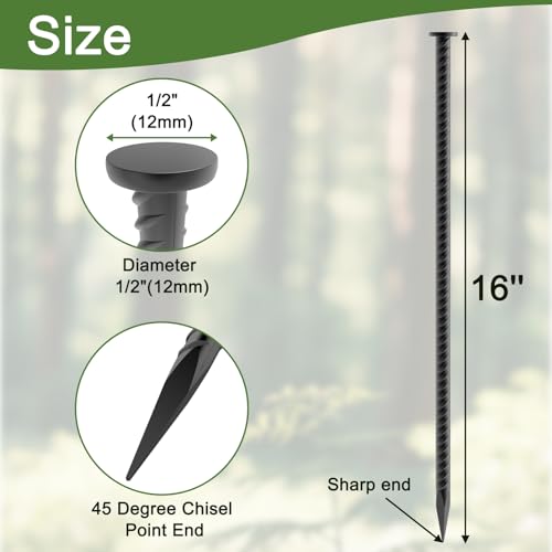 Heavy Duty Rebar Spikes 16 Inch - Black 8 Pack Ground Stakes for Soil, Gravel & Asphalt