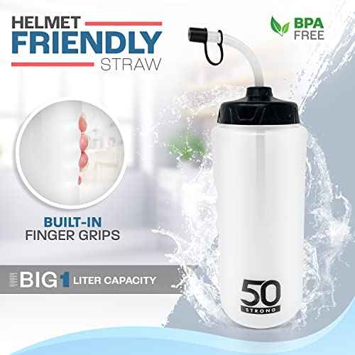 50 Strong 1 Liter Water Bottle with Straw ? 2-Pack Easy-Squeeze Sports Bottles with Long Straw & Built-In Finger Grip ? BPA-Free ? Made in USA ? Ideal for Hockey, Football, Lacrosse & Boxing