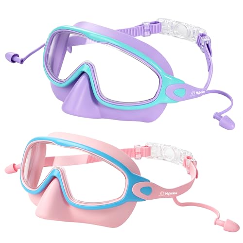 Pink Purple Kids Swim Goggles with Nose Cover, Wide View Anti-Fog UV Protection - 2 Pack