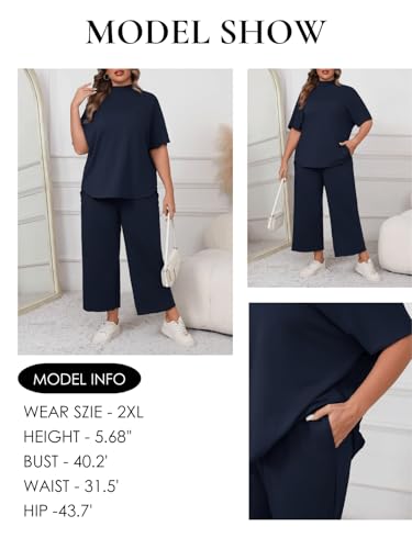 Women's Plus Size 2 Piece Lounge Set Navy 3X-Large Batwing Sleeve Top Wide Leg
