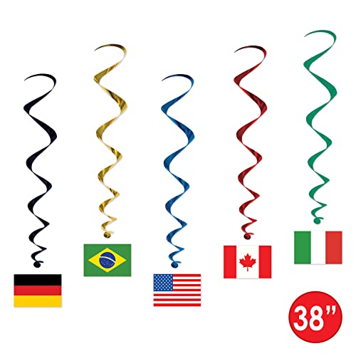 International Flag Whirls - 5 Pack Hanging Decorations with Multinational Flags