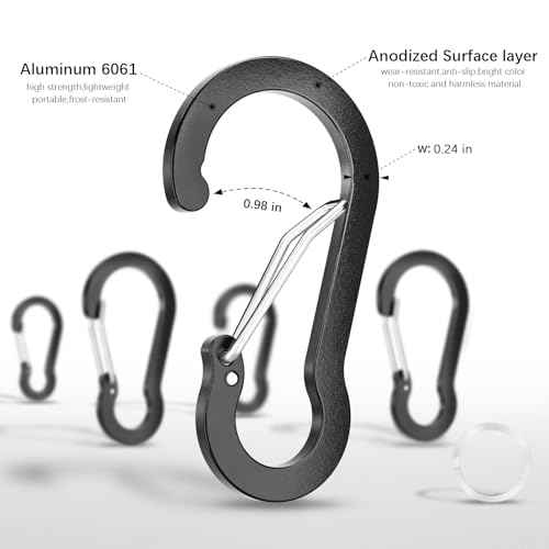sprookber 3.2 Inch Aluminum Carabiner Clips D Ring, Caribeaner Spring Snap Hook with Keychain for Camping, Hiking, Gym & Outdoor Gear, Set of 10