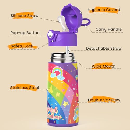 Kids Insulated Water Bottle with Pop-Up Straw 16oz Dinosaur Design - Blue