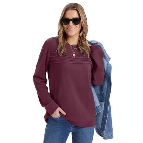 WIHOLL Womens Sweatshirt Crewneck Long Sleeve Shirts Loose Fit Pleated Front Tops Fall Fashion