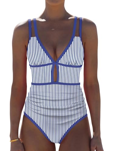 Popvil Women One Piece Swimsuit Neon Tummy Control Bathing Suit Small Blue Striped