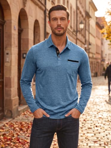 Lexiart Men's Classic Polo Shirt Cotton Button Collar with Pocket - Large Dark Blue
