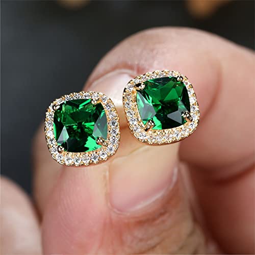 Simulated Emerald Earrings - Green Square Cubic Zirconia, 18K Gold Plated Studs for Women with Gift Box