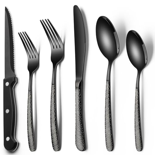 Black Silverware Set for 4 - 24-Piece Flatware Cutlery with Steak Knives - Round Hammered Finish