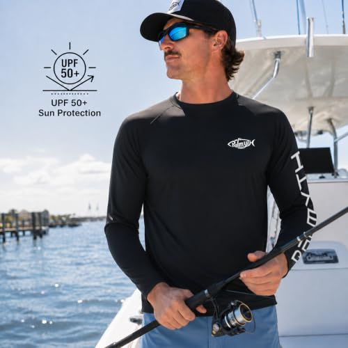 Palmyth Men's Long Sleeve Sun Protection Fishing Shirt UPF 50+ Rash Guard Black Bigfoot Boat XL