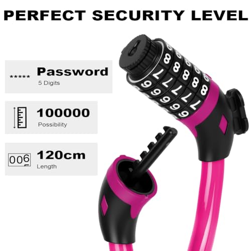 Ainiv Bike Lock Cable 4ft/120cm with Mounting Bracket - Rose Red