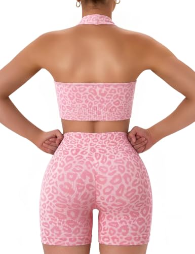 OLCHEE Womens Workout Sets 2 Piece Leopard Pink Halter Sports Bra Scrunch Butt Shorts - Medium
