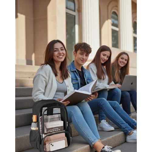 Clear Backpack, Fabric & PVC Transparent Backpack with Reinforced Strap for Women Men, Heavy Duty Transparent Bookbag, Large Capacity Clear Bag, Travel, Security, Black