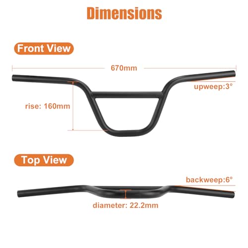22.2 BMX Bike Handlebar 670mm with 160mm Rise - High Rise Riser Bar, 6° Backsweep, 3° Upsweep - Steel, Fits 7/8 Inch Stems (Variation: 22.2 x 670mm 160mm Rise)