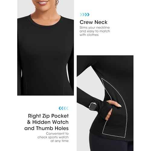 Loovoo Thermal Shirts for Women Long Sleeve Workout Tops Crewneck Fleece Base Layer Running Athletic Tee with Zipper Pocket