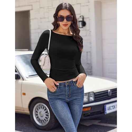 Ekouaer Long Sleeve Shirts Boat Neck Tops Casual Undershirts