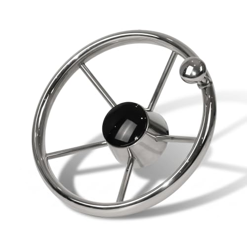 Silver 11 Inch Boat Steering Wheel - Marine 5-Spoke Destroyer Style with Control Knob & Center Cap, Stainless Steel