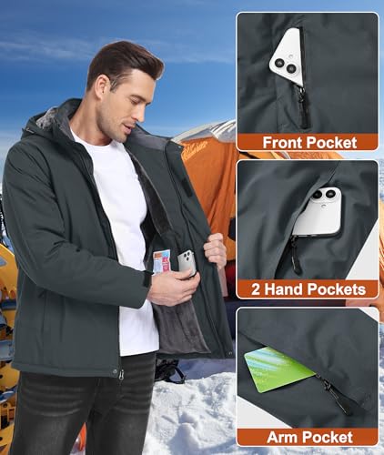 Men's Waterproof Snow Ski Jacket - Insulated Hooded Coat, Fleece Lined, Deep Grey, Medium