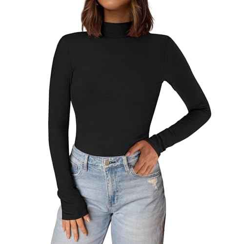 PRETTYGARDEN Women's Turtleneck Long Sleeve Shirts 2025 Fall Basic Tees Ribbed Fitted Tops Thermal Layering Knit Top Clothes