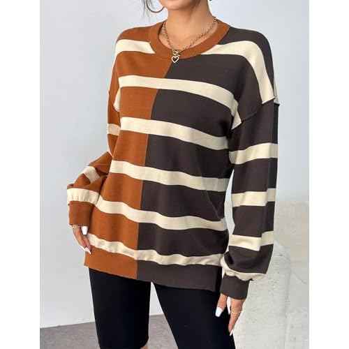 Zeagoo Womens Striped Oversized Sweater 2025 Crew Neck Long Sleeve Knitted Color Block Casual Loose Pullover Top