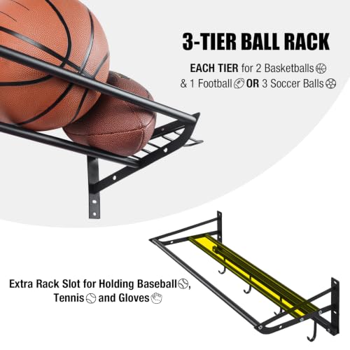 Black XCSOURCE 3-Tier Wall Mount Sports Equipment Organizer with Side Holders