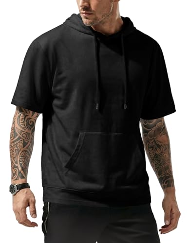 Men's Short Sleeve Hoodie T-Shirt with Pocket - Lightweight & Comfortable, Medium Black