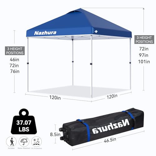Nazhura 10' x 10' Pop Up Canopy Tent with Sand Weight Bag, Freestanding Sun Shelter for Picnic and Camping, One Person Setup and Height Adjustable (Blue)