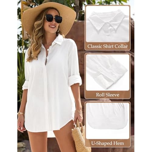 Swimsuit Coverup for Women Bathing Suit Cover Ups V Neck Button Down Beach Shirt Dress Bikini Swimwear Cover up