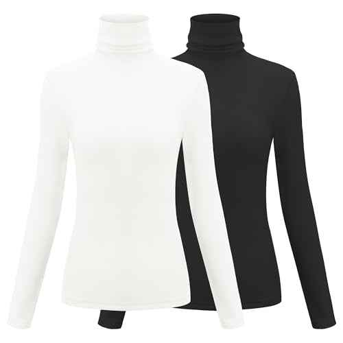 Herou 2 Pack Womens Long Sleeve Turtleneck Slim Fitted Lightweight Casual Active Layer Tops Shirts