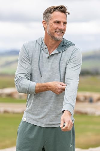 Men's Hooded Henley Pullover with Slub Cotton, UPF 30 Sun Protection - Large Tall Balsam Green