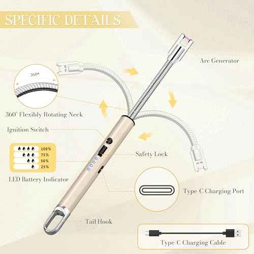 Electric Lighter, Candle Lighter Flameless Windproof with 360¡Æ Flexible Neck & LED Power Display, Type C Arc Rechargeable Lighters for BBQ, Camping, Cooking, Gift for Christmas, Thanksgiving, Birthday