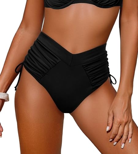 Leoparts Women's V Cut Bikini Bottoms Ruched Tummy Control High Cut Swimsuit - Black Medium