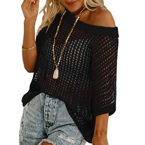 Swimsuit Coverup for Women Beach Vacation Clothes Spring Summer Scoop Neck Short Sleeve Sweaters Casual Crochet Knit Tops