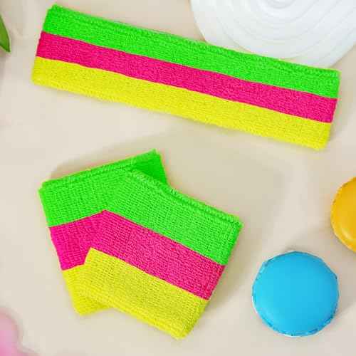 Ronglry 80s Neon Sweatbands Set 80s 90s Outfits for Women Sports Wristband and Headband Neon Sweat Band 80 s Accessories for Women Sweatband for Glow Party Supplies Halloween Costume