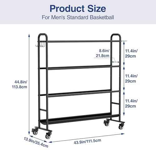 niffgaff Basketball Rack with Wheels ? 4-Layer Outdoor Storage Rack for 7 Size Basketballs & Larger Balls, Garage Ball Organizer with Hooks