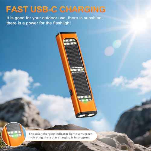 Solar/Rechargeable Flat Flashlights, 900 Lumens EDC Tactical Flashlight, Multi Function LED Small Flashlight, 7 Modes IP65 Waterproof for Home, Camping,and Emergency Use (Orange)
