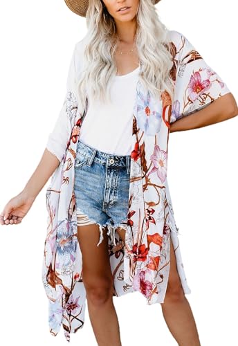 Women's Boho Sheer Kimono Cover Up - White Floral, One Size