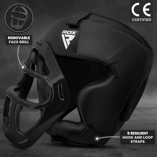 Boxing Headgear MMA Muay Thai Kickboxing with Removable Face Grill - Black Large