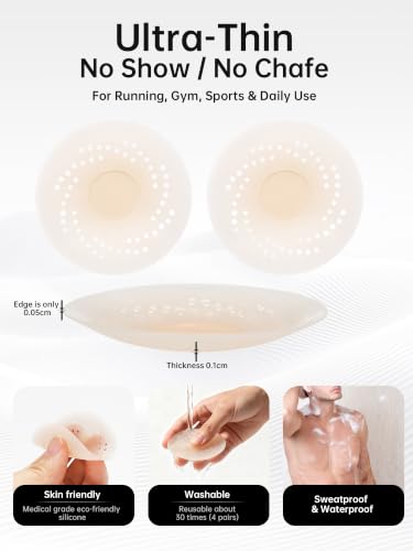 4 Pairs Waterproof Silicone Nipple Covers for Men - Reusable Anti-Chafing, Invisible Under Shirts - Size 1 Inch