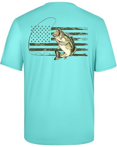 Men's Short Sleeve Fishing Shirt UPF 50+ UV Sun Protection Quick Dry Graphic Tee - Aqua Blue Camouflage Bass, Large