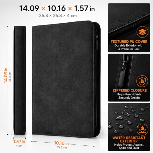 Black 9-Pocket Trading Card Binder for TCG & Sports Cards - 360 Slots, Zipper Closure