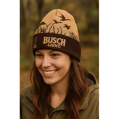 Calhoun Busch Light Hunting Beanie ? Warm Knit Winter Hat with Dog & Duck Design for Outdoor Enthusiasts Brown