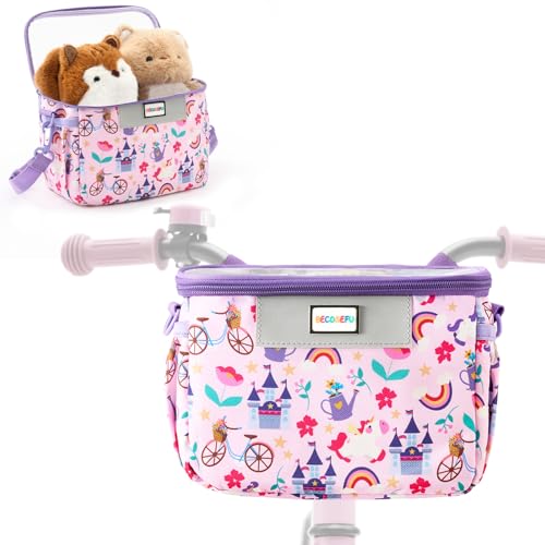 Kids Bike Basket Front Waterproof Handlebar Bag with Shoulder Strap - Pink