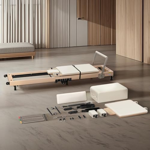 Foverós Pilates Reformer,Wood Foldable Pilates Machine & Equipment with Reformer Accessories,Reformer Box,Jump Board,Foot Strap (White-1)