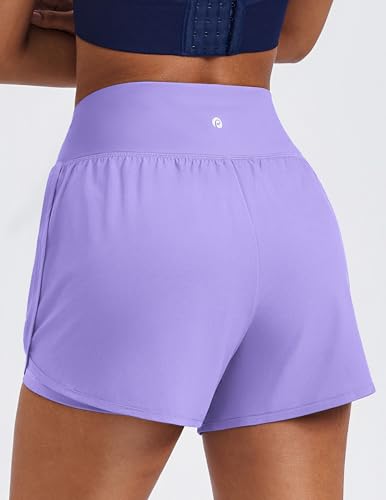PINSPARK Women's 2 in 1 High Waisted Athletic Running Shorts - Small Lilac with 2 Zip Pockets