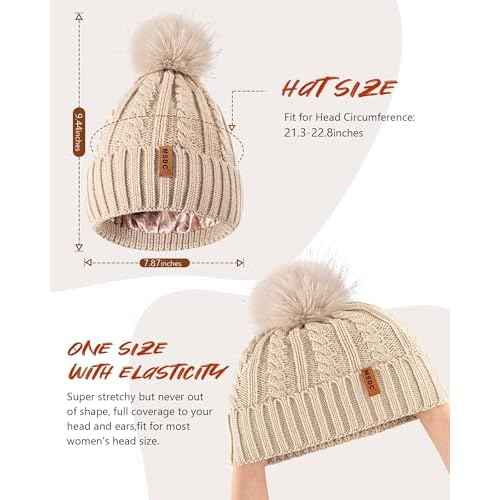 MSDC Satin Lined Beanie for Women with Pom Pom, Warm Womens Winter Hats with Silk Lined, Fashionable Knit Beanie Skull Cap