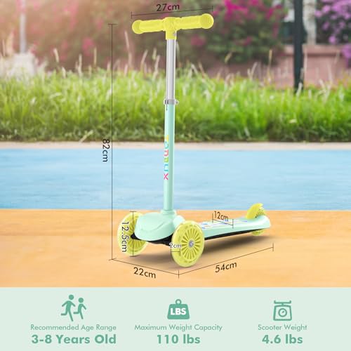 Kids Scooter with Light-Up Wheels - Mint, Adjustable 4-Level Height, 3-Wheel Toddler Scooter, Lean-to-Steer Design