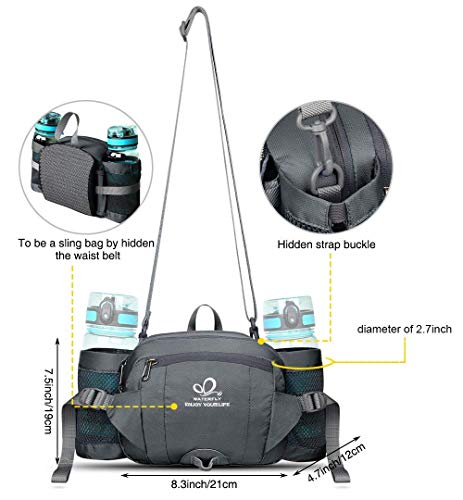 WATERFLY Fanny Pack Waist Bag with 2 Water Bottle Holders, 6-Pockets for Hiking - Gray