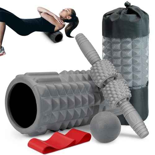 5-in-1 Foam Roller Set, Massage Roller Stick, Massage Ball, Resistance Band for Deep Muscle Massage, Trigger Point Release, Pilates, Yoga (Grey)